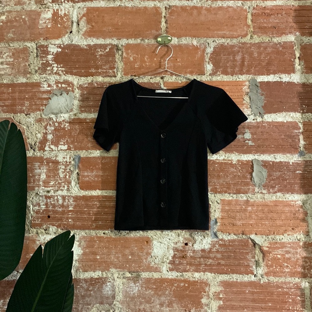 Black V Neck Blouse with Tortoise Buttons